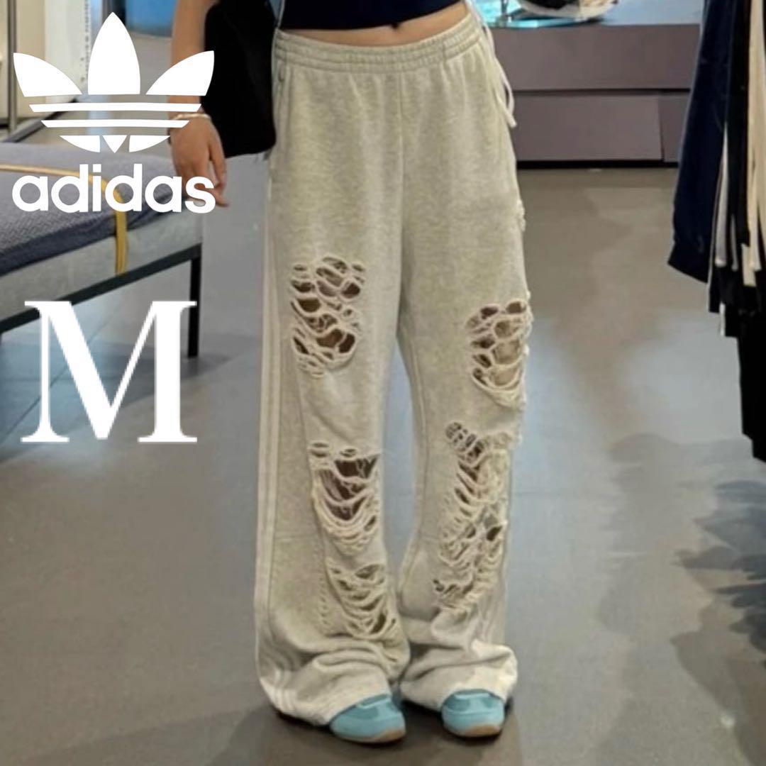 新品M adidas ジョガー/スウェットパンツ ダメージ加工 ライトグレー×白