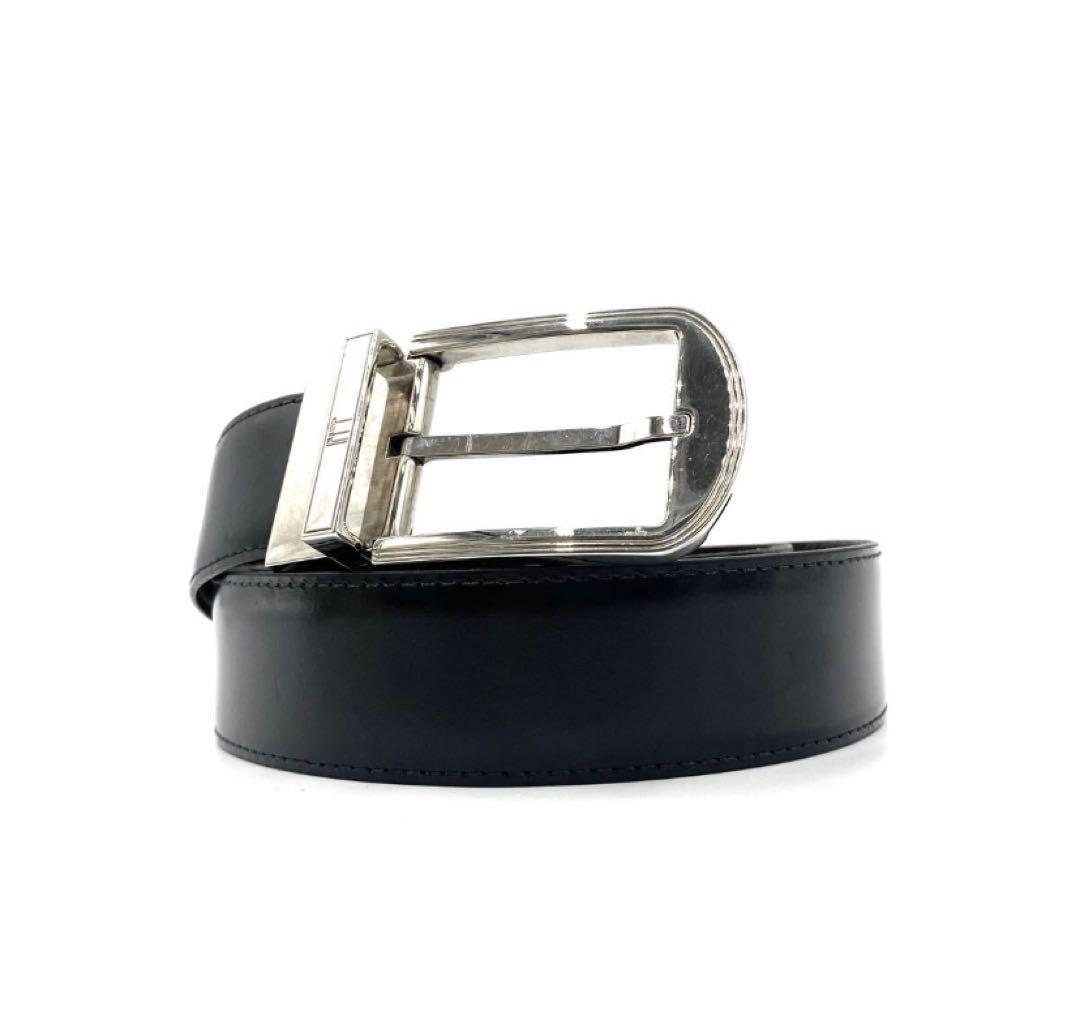 【未使用タグ付き】ダンヒル ベルト レザー リバーシブル シルバー金具 黒 茶 極美品 Dunhill リバーシブルベルト 筆記体ロゴ レザー 黒 茶