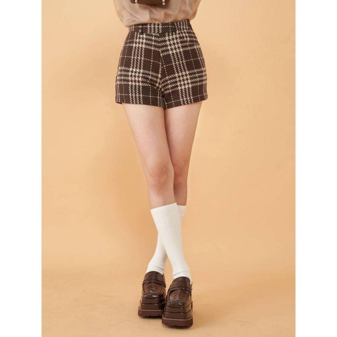 新品 ダーリッチ チェックツイードハイウエストショートパンツ 【M】BRN