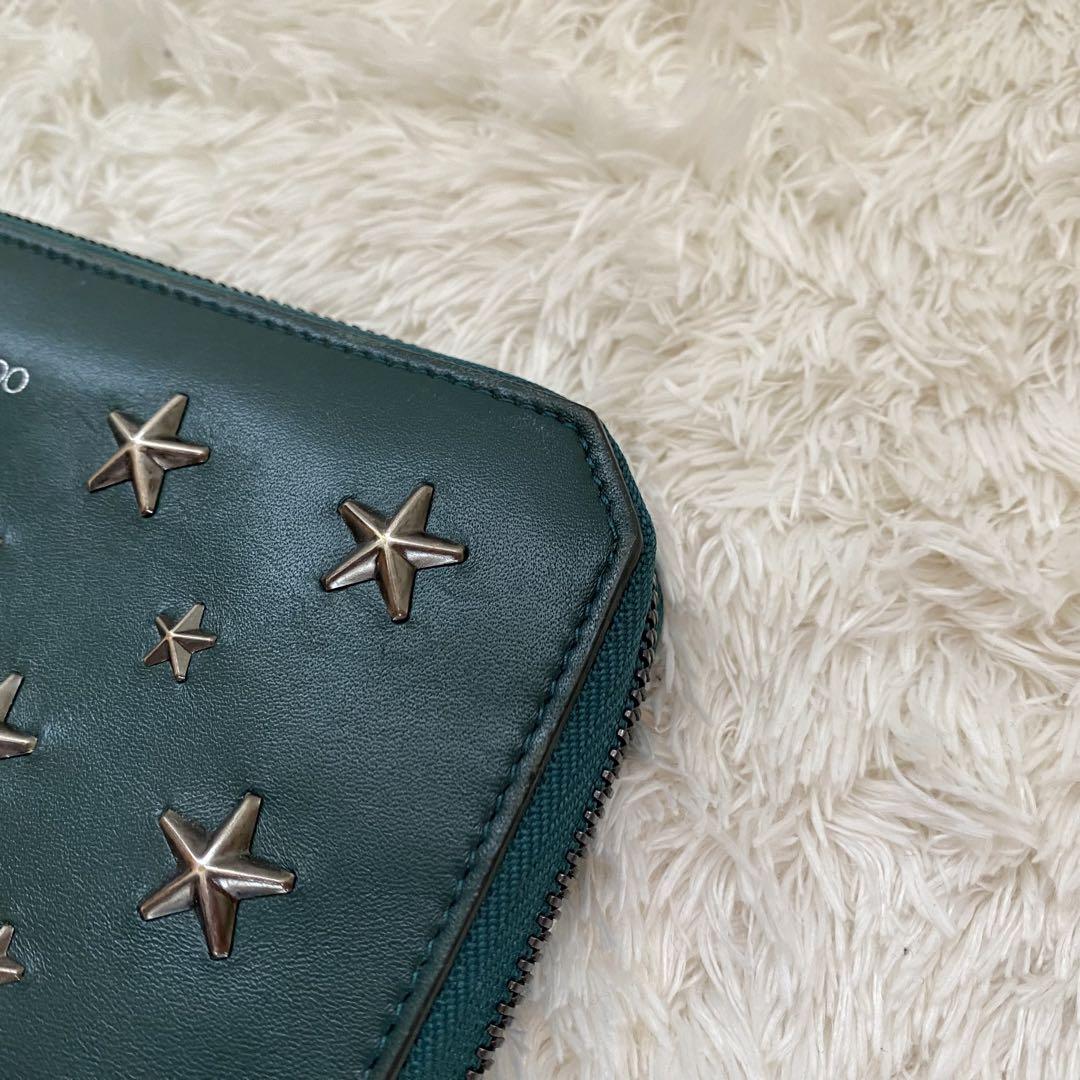 ジミーチュウJIMMY CHOO 長財布 グリーン ラウンドファスナー 星 皮