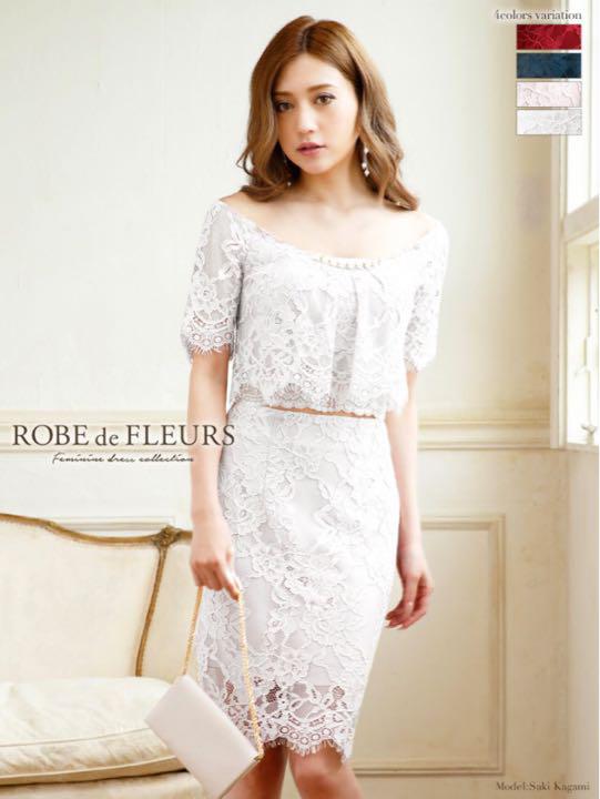 ROBE de FLEURS 総レースパール五分袖ミニタイトセットアップドレス
