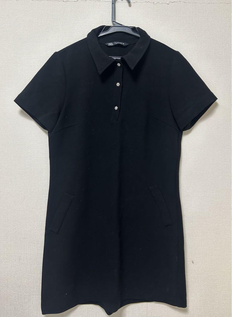 ZARA ブラック 半袖ミニワンピース M ZARA - 新品ZARAバッグファスナー半袖ミニワンピースブ ラック黒