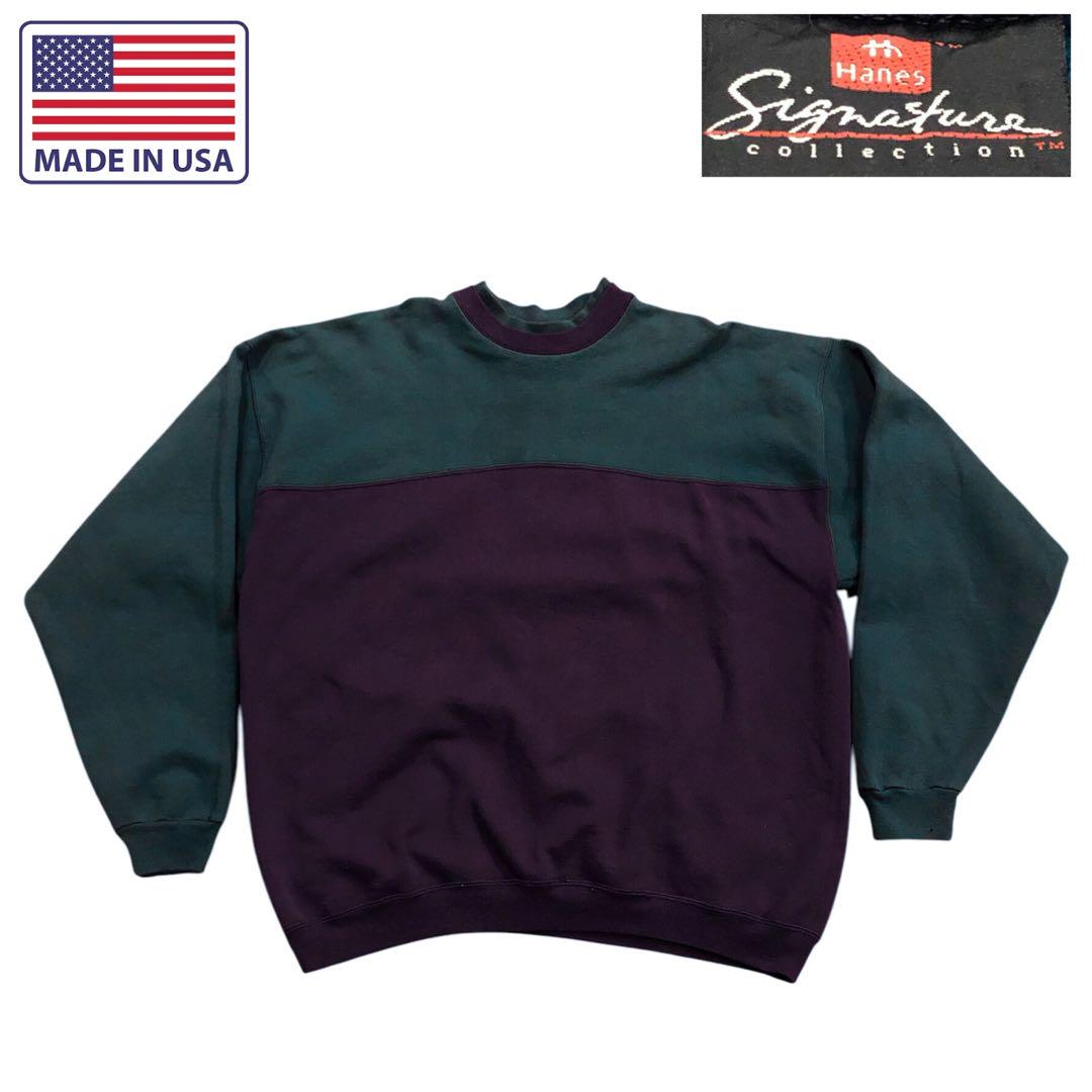 HANES USA製 90S XL バイカラー スウェット 無地 古着 ネイビー