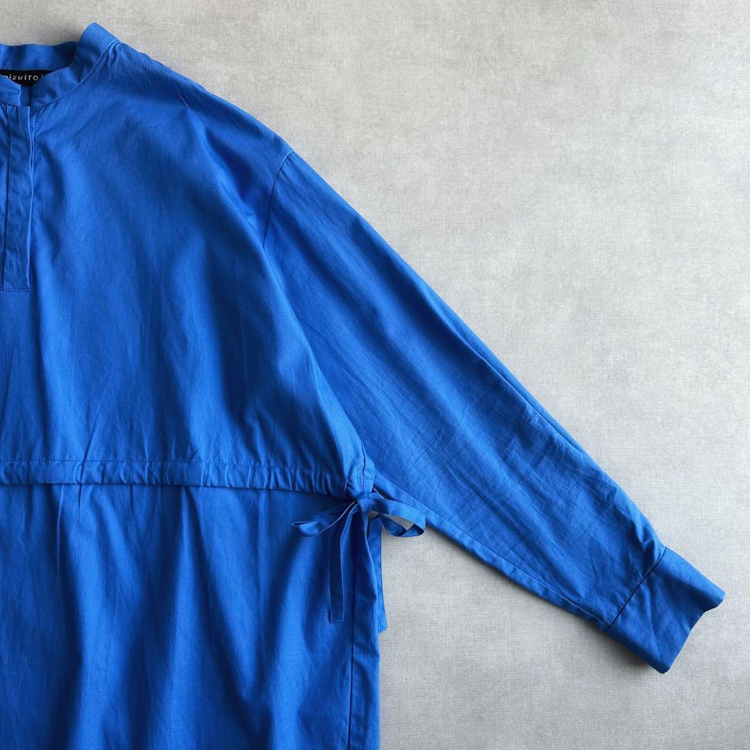 美品▲mizuiro ind//スタンドカラーダブルリボンシャツチュニック 青