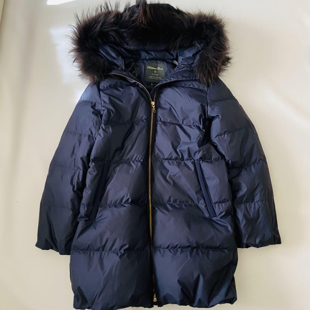 【美品】ナノユニバース 西川ダウン ミドル丈 ラクーンファー ネイビー 38