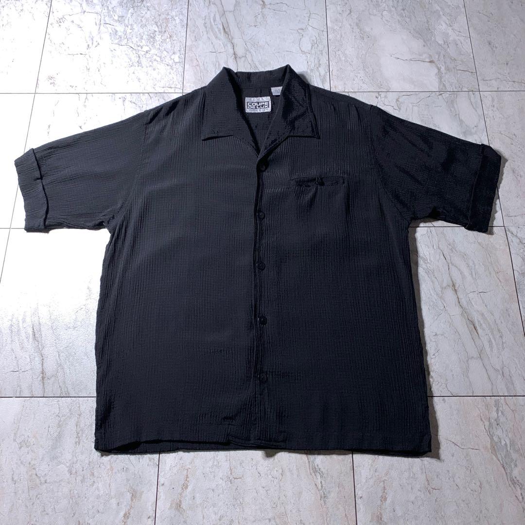 90s 国産 Vintage レーヨン リネン ギャバジン オープンカラーシャツ 90s キューバシャツ オープンカラーシャツ 古着 ブラック マルチ