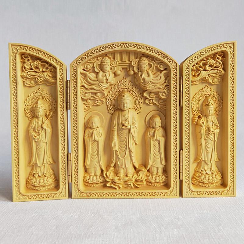 【修縁堂】古美術品 木工細工 西方三聖 仏像立像 置物 木彫 仏像 柘植木彫仏像 浄土宗西方三聖 開閉式箱型 - メルカリ