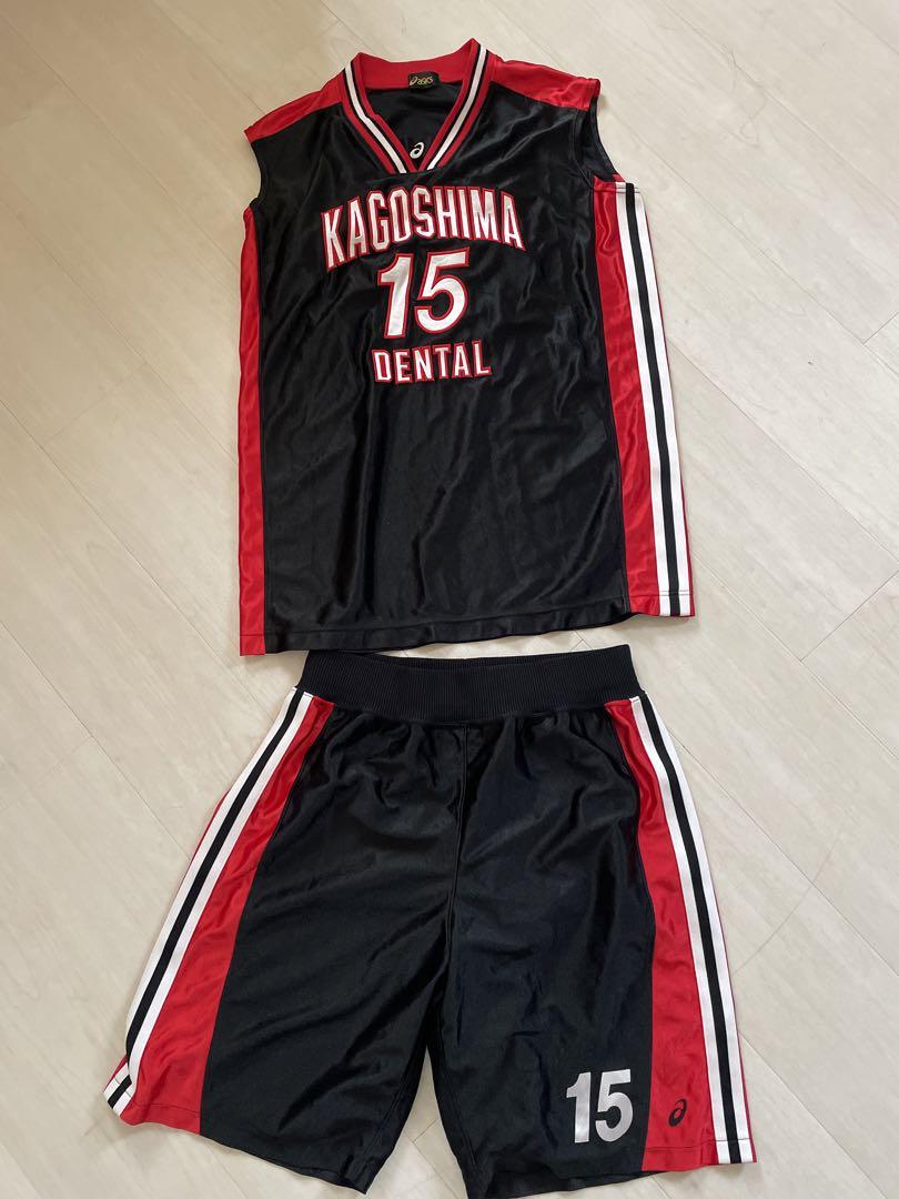 バスケユニフォーム赤×黒男女兼用バスケユニフォーム上下アシックスロゴ刺繍Ｌ　XO