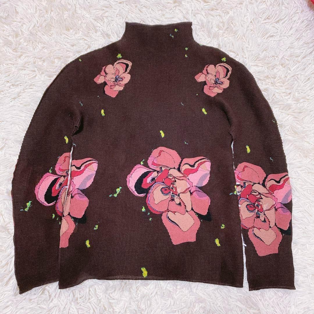 イッセイミヤケ ワッフル プリーツ ハイネック トップス 花柄