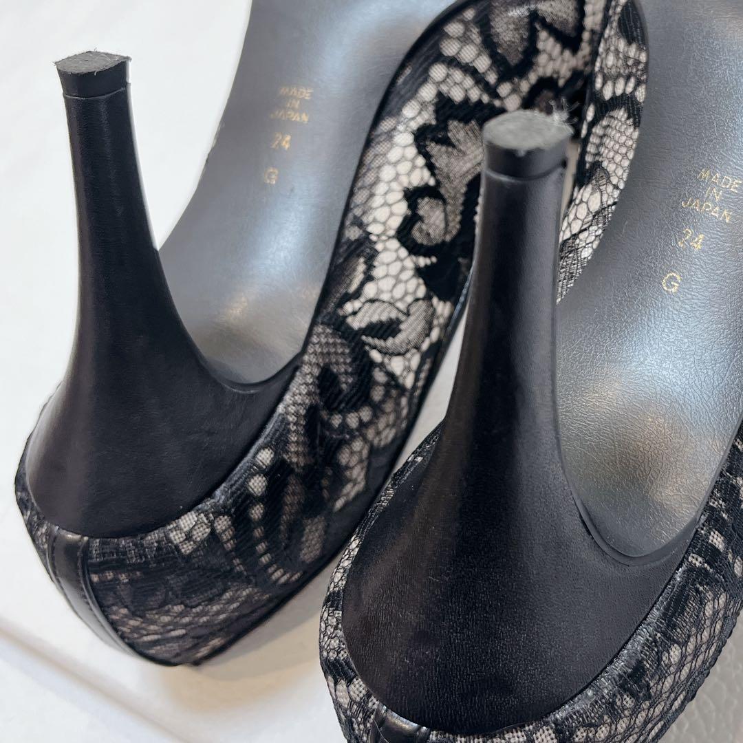 美品✨DIANA レース リボンパンプス 24cm ブラック オープントゥ