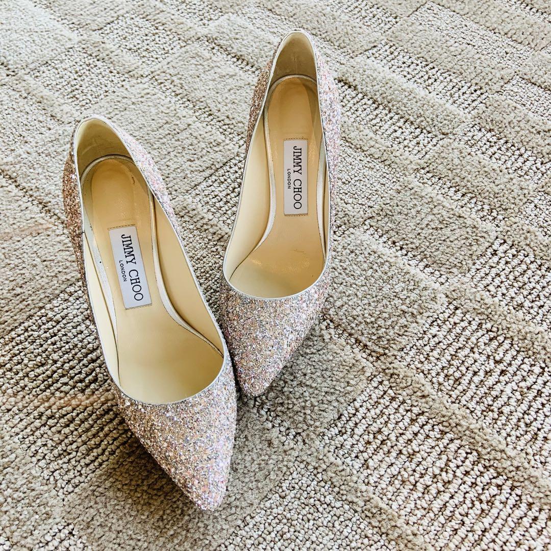【美品】JIMMY CHOO ROMY85 パンプス 淡ピンクラメ 24cm相当