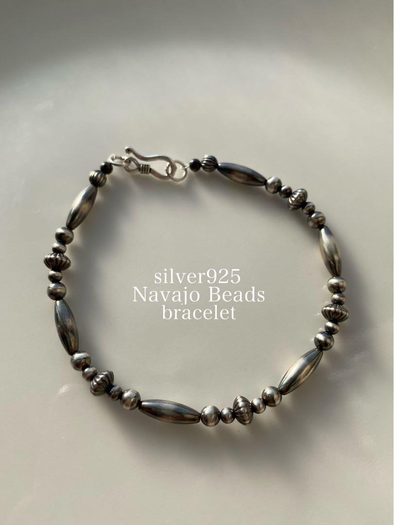 ナバホパール、ブラックスピネル Silver925 ブレスレット 18cmの