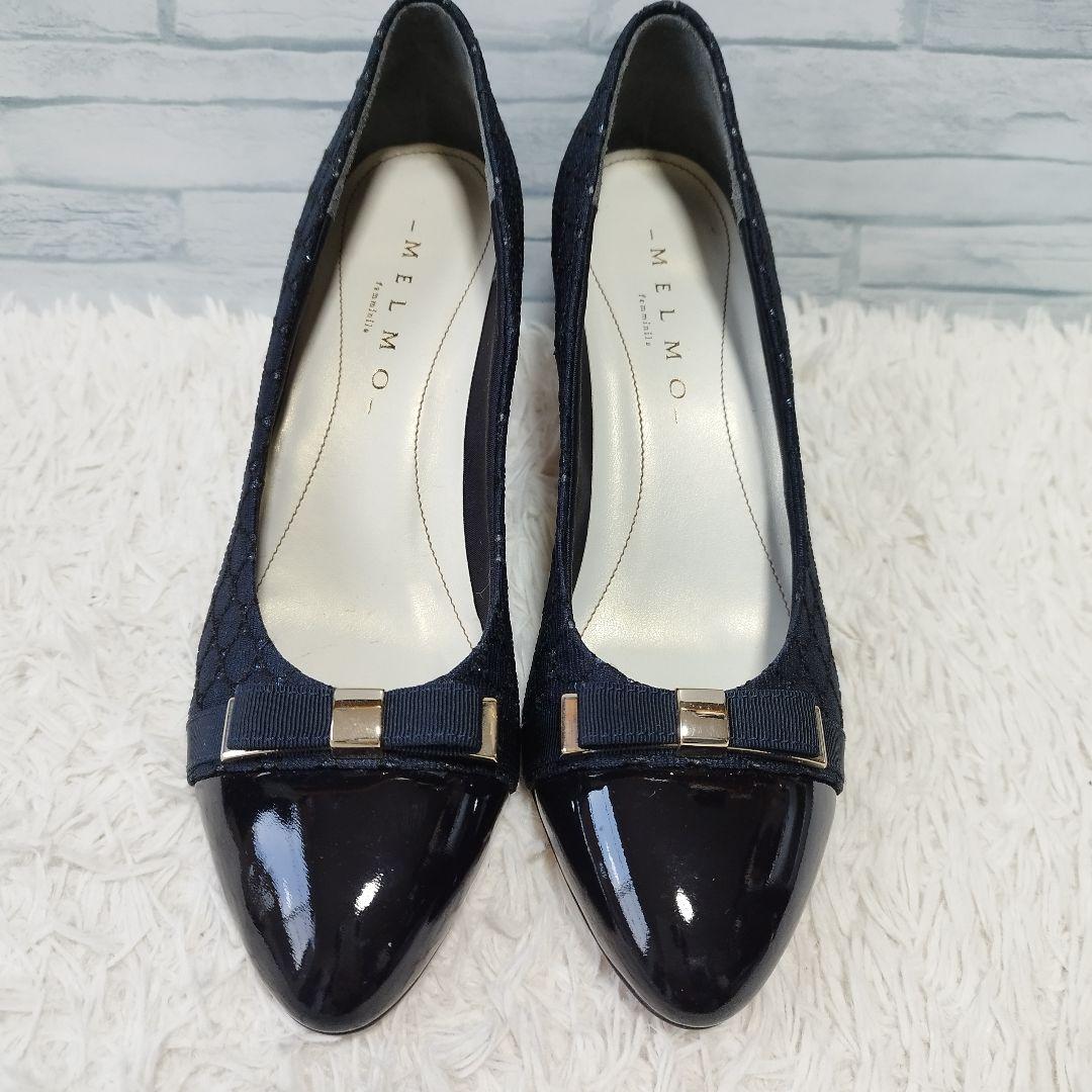 新品未使用️MELMO パンプス エナメルネイビー リボン ラメ