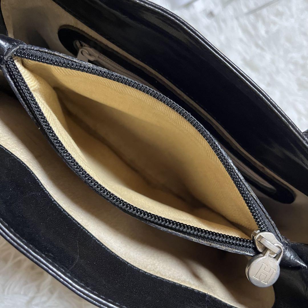 美品】HIROFU ハンドバッグ レザー シボ革 Hロゴ型押し ブラック