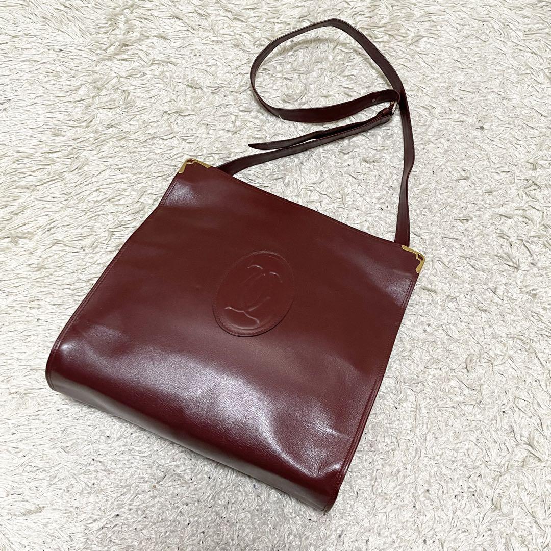 【美品】カルティエ　がま口　ショルダーバッグ　ボルドー　ゴールド金具