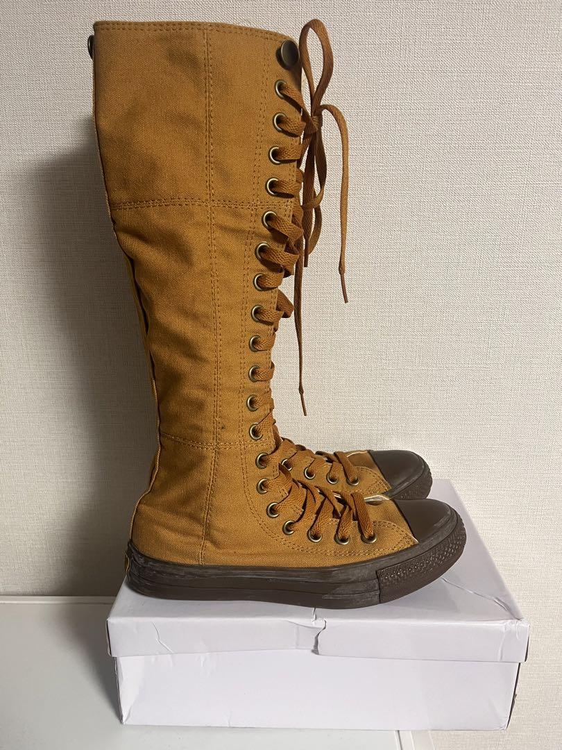 ー品販売  ブラウン 靴オリジナル - レースアップ ロングブーツ キャンバス 靴