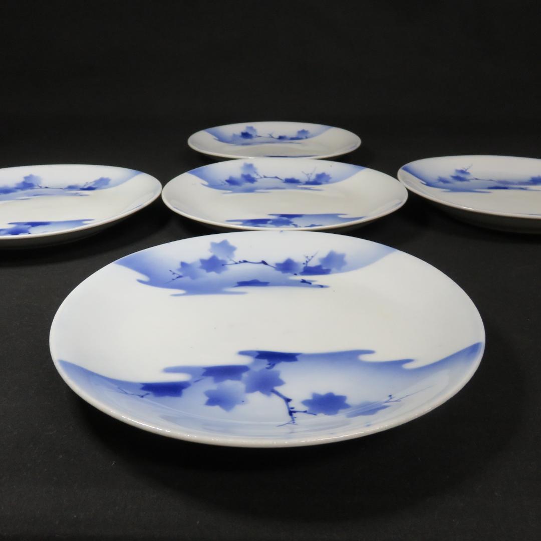 大人気定番商品 中皿 5枚 もみじ 深川製 オールド深川 深川ブルー 工芸品 工芸品