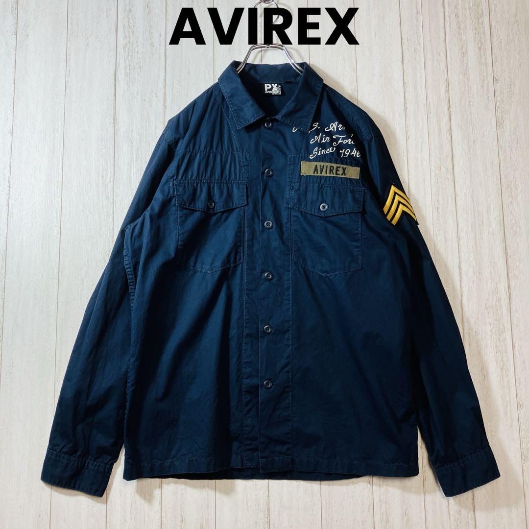 AVIREX アヴィレックス 長袖シャツ 紺系 ワッペンロゴ 袖ワッペン 古着