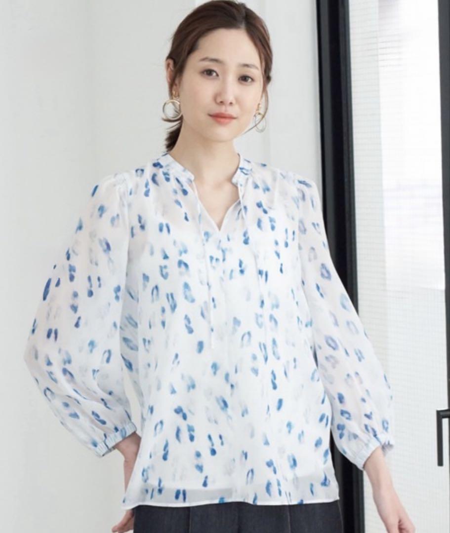 特価ブランド 美品✨アナイ シフォン ブラウス フェザープリントVネック トップス