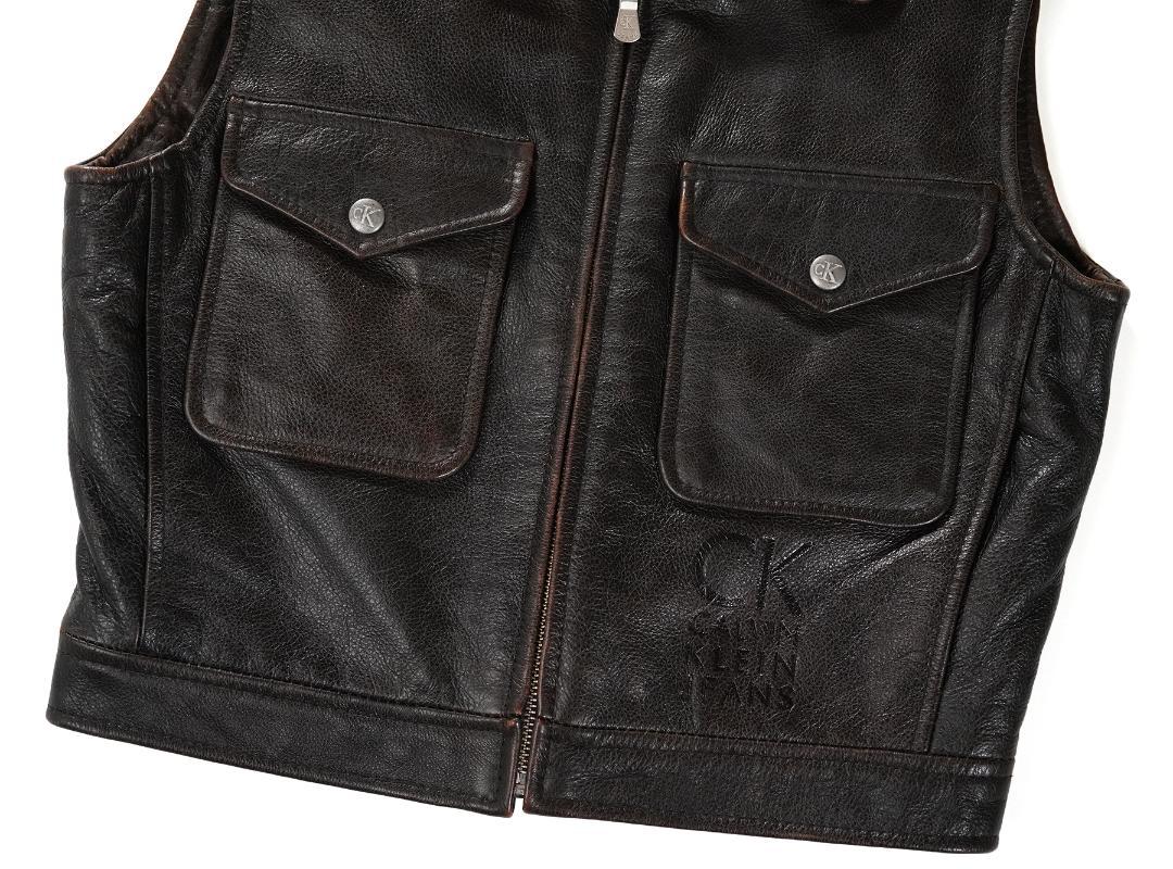 90s CALVIN KLEIN JEANS カウレザー ベスト ショート S