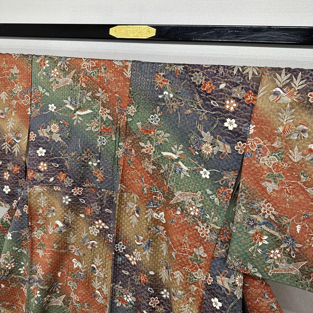 小紋 ふくれ織りに美しい染め 裄66 着物 正絹 袷 広衿 RK-3956