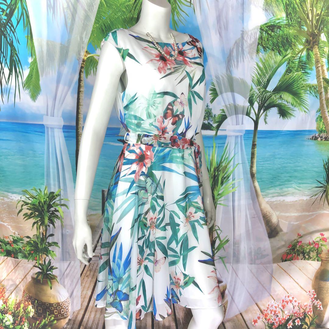 新品Wallis ホワイトシフォントロピカルフラワーワンピース L 春夏　綺麗