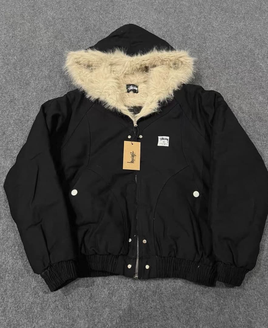 Stussy フード付き ファージャケット フリース ブラックM STUSSY