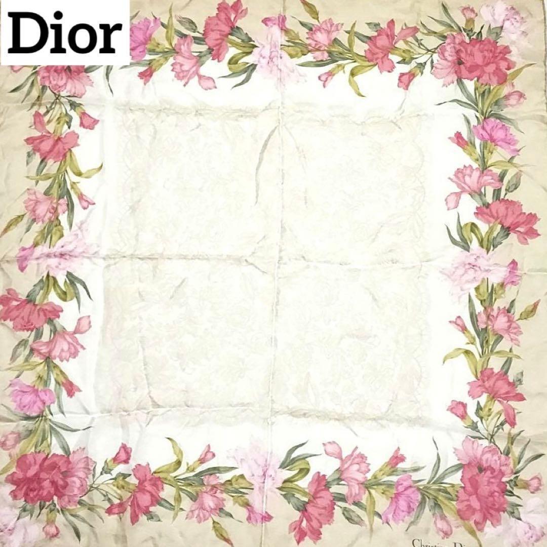 Christian Dior スカーフ 大判 シフォン 花柄 ベージュ