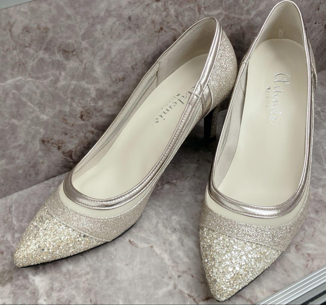 ダイアナ　アルテミス　グリッターチュールパンプス　シルバー　24センチ　美品