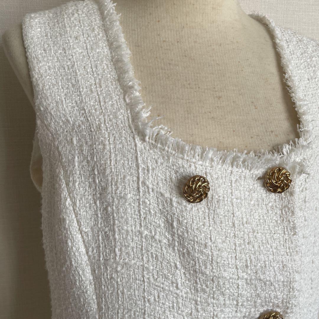 ZARA/ザラ ツイード 金ボタンベスト ジレ ホワイト サイズM