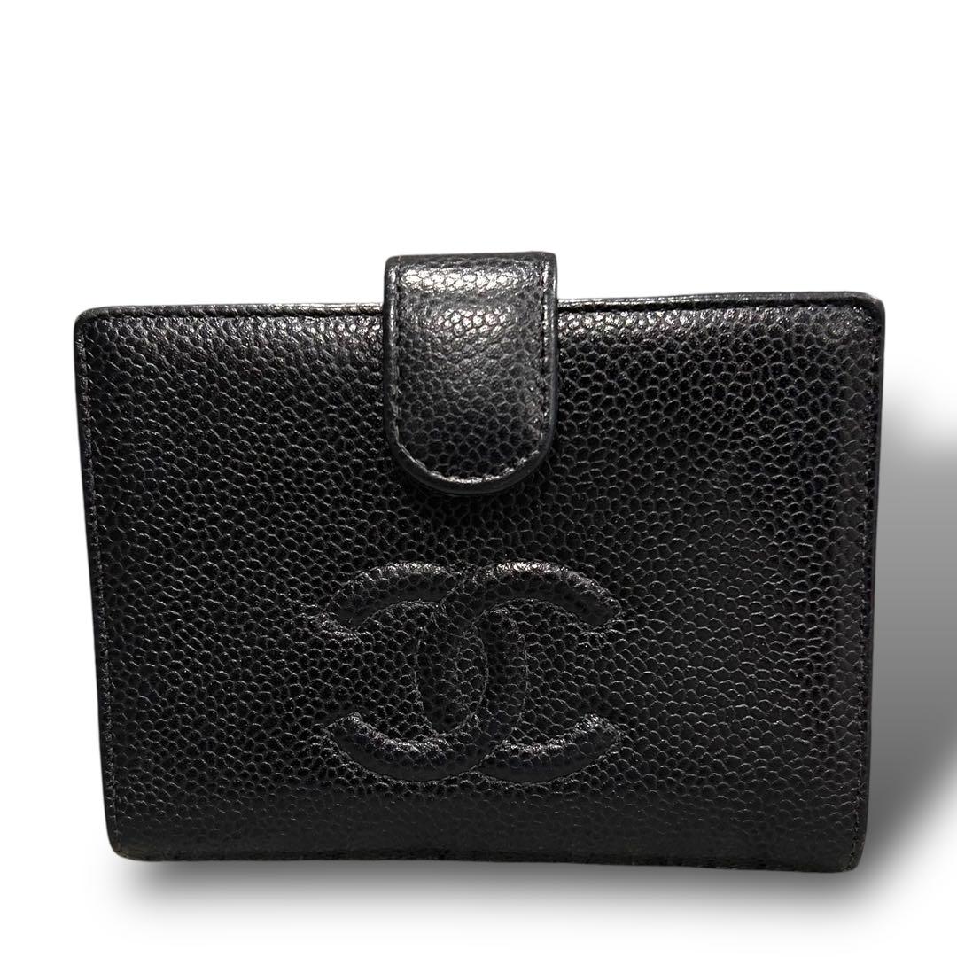 美品 CHANEL シャネル 折り財布 キャビアスキン ココマーク ブラック