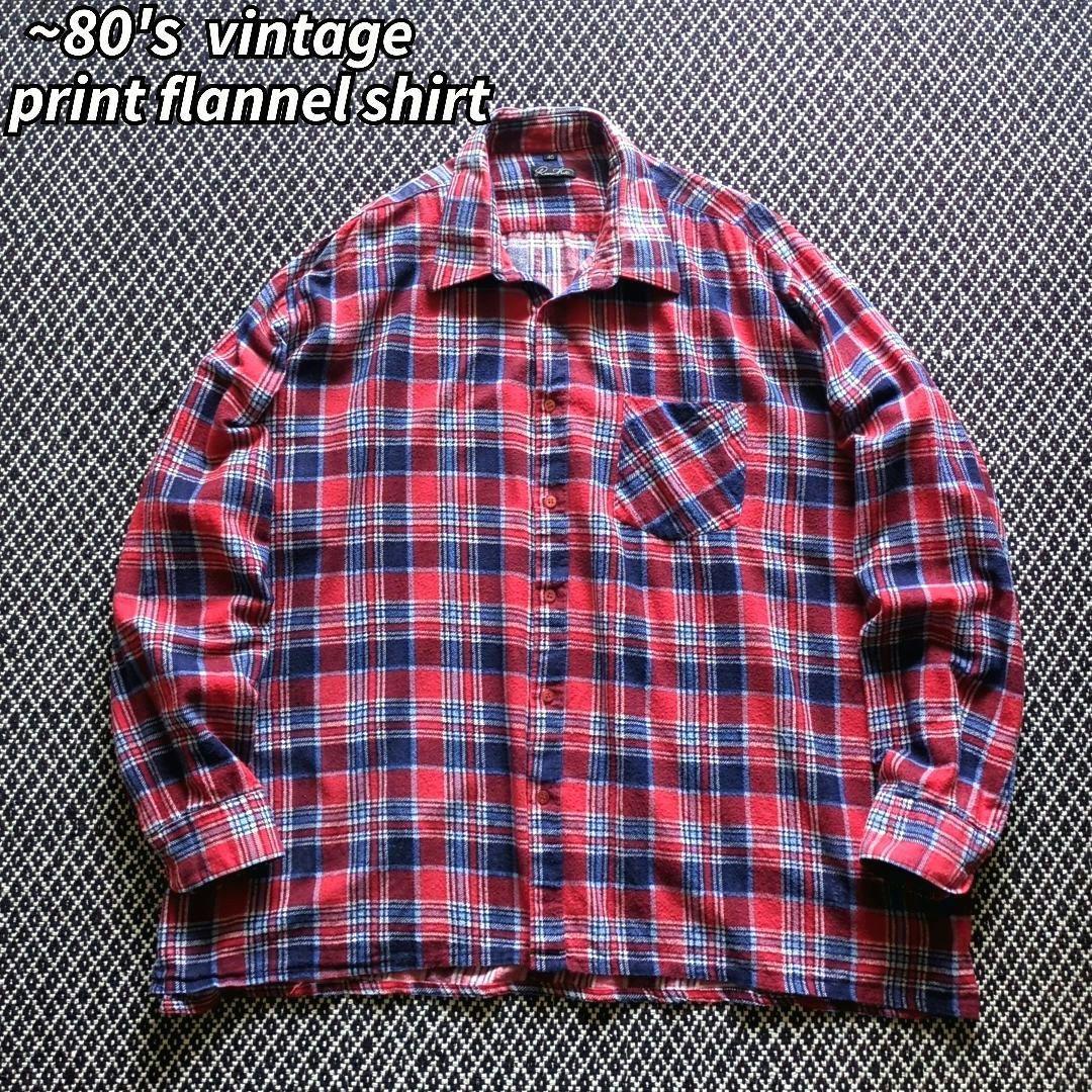 80s ビンテージ プリントネルシャツ チェック ビッグサイズ 古着
