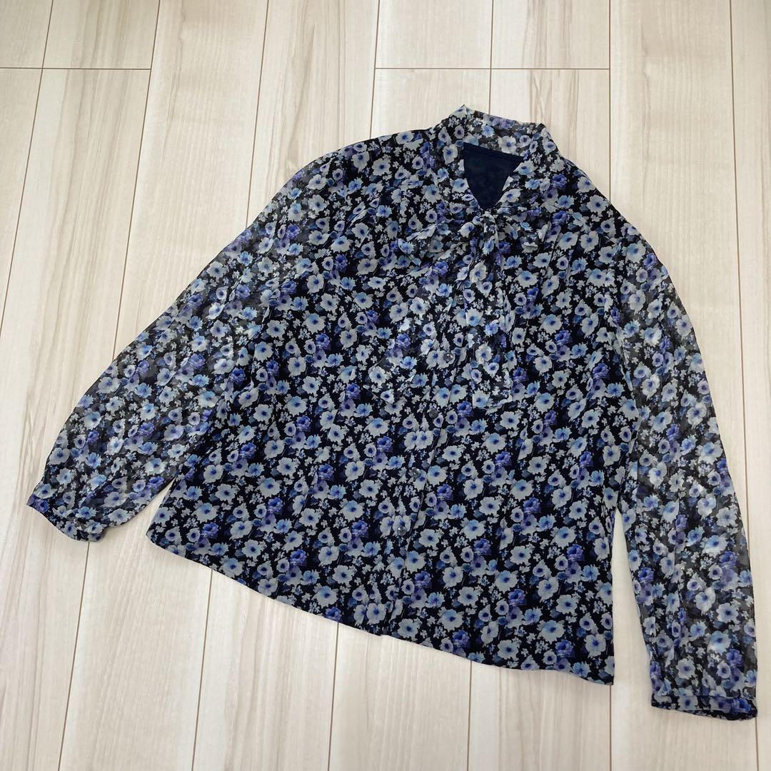 レリアン 13+ シルク100% 花柄ボウタイブラウス 大きいサイズ