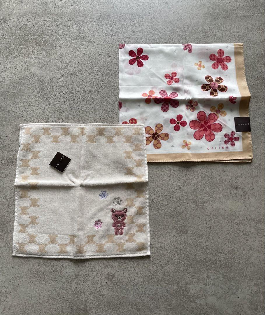 セリーヌ花柄とクマ刺繍 タオルハンカチ2点セット