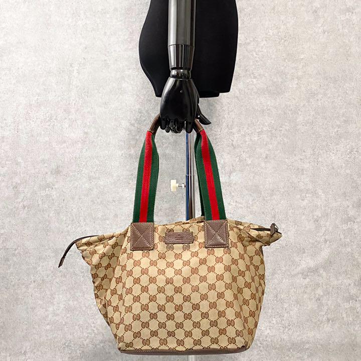 GUCCI レザー トートバッグ ブラウン wvnAh-m97542477119 グッチ シェリーライン ナイロン HOT特価