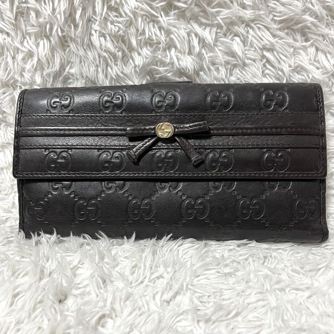 ✨大人気✨GUCCI リボン 型押し GG柄 長財布 ダークブラウン