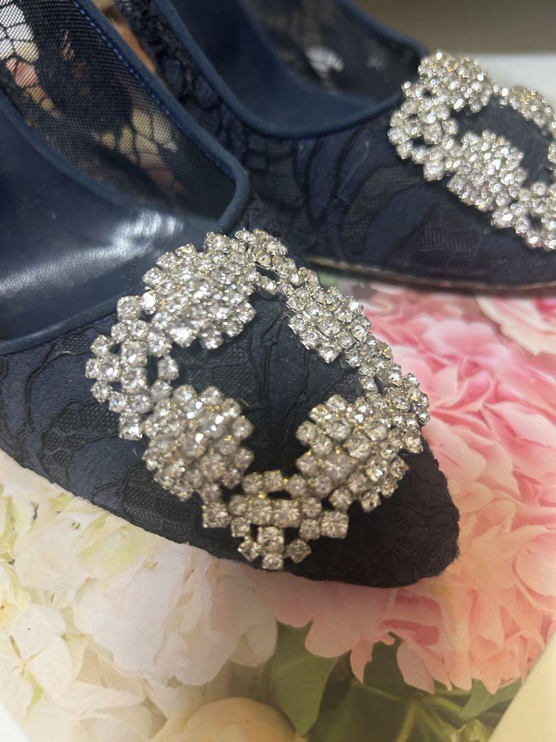 Manolo Blahnik ネイビー レース ヒール