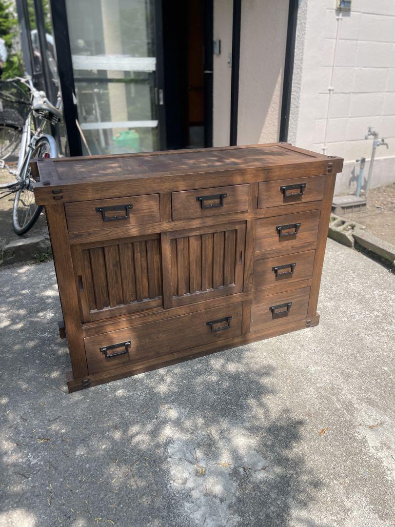 天然木 民芸家具 和箪笥 和風チェスト 水屋箪笥 引き戸付き 収納箪笥 小引出し