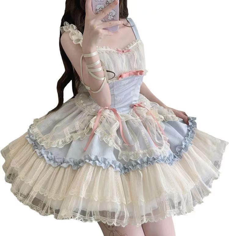 ロリータ JSK キャミソール リボン ゴスロリ 宮殿風 森ガール 姫様 ブルー