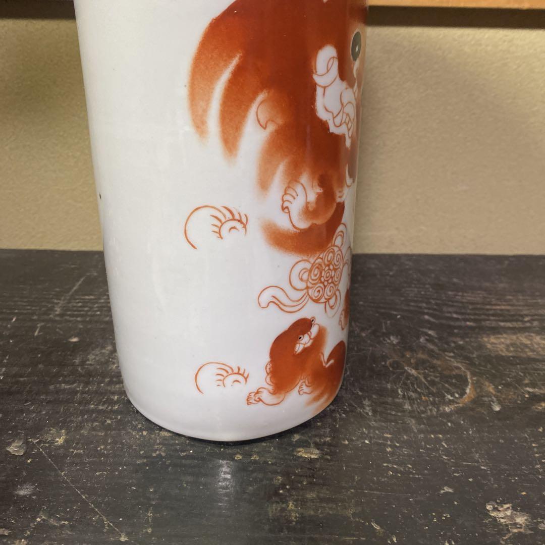 中国古玩　赤獅子図花生　27cm11cm