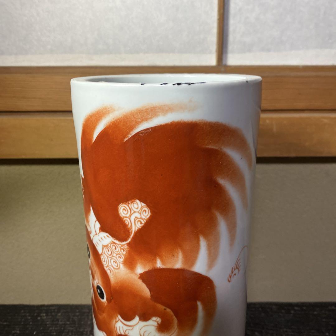 中国古玩　赤獅子図花生　27cm11cm
