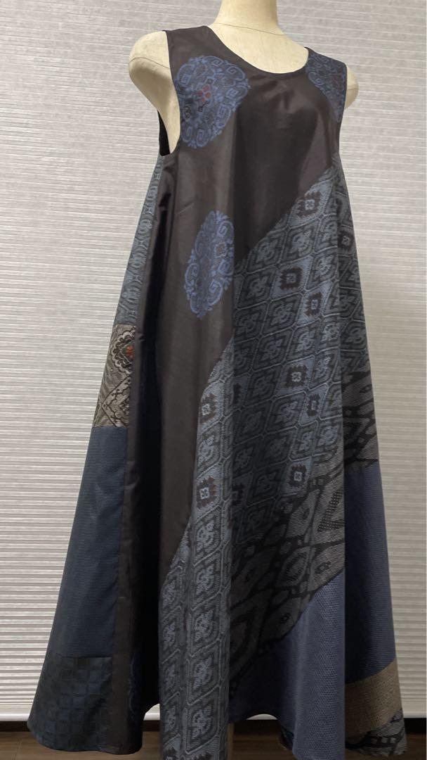 着物反物リメイク♥︎大島紬等(7マルキや龍郷柄等)のテントラインワンピースマキシ丈