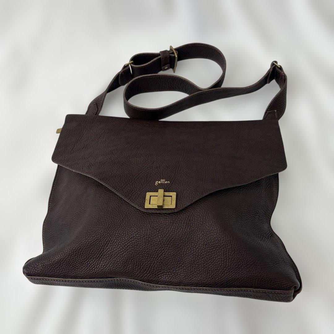 美品　ダンゲンテン　ショルダーバッグ　茶　シボ革　ターンロック　A4可