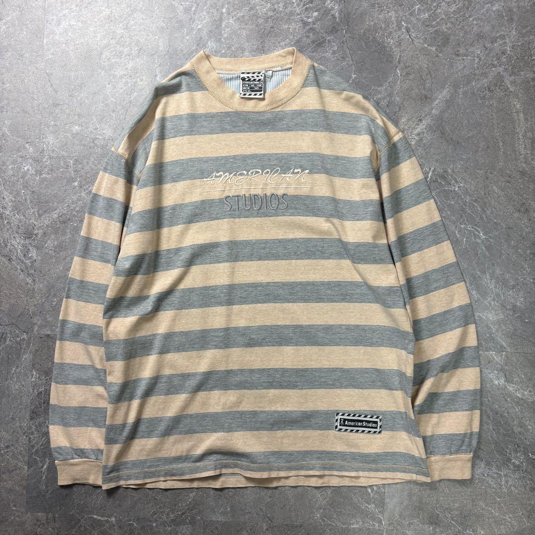 unknown〈ボーダーロングTシャツ 刺繍 グレー×うすだいだい色 M〉