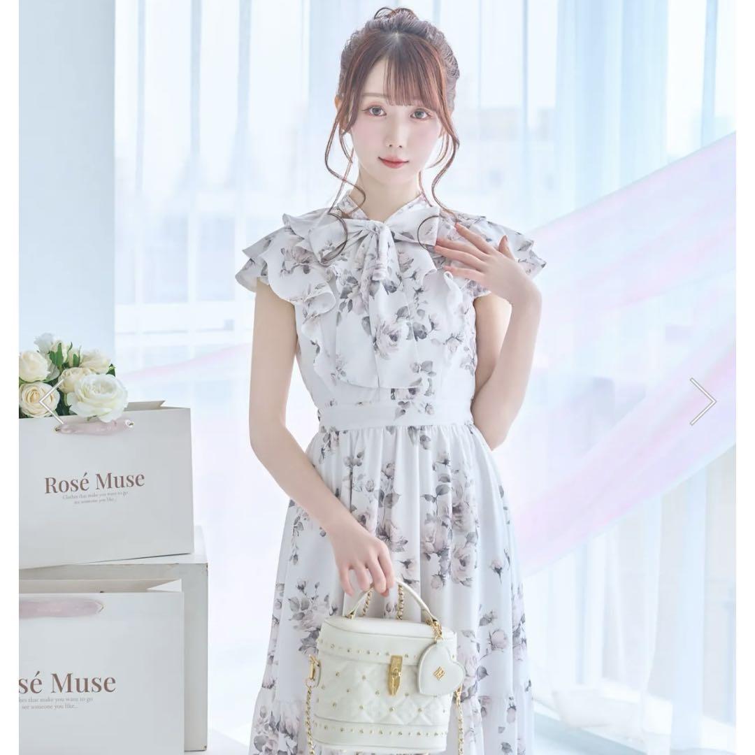 Rose Muse-rose print flare dress ホワイト