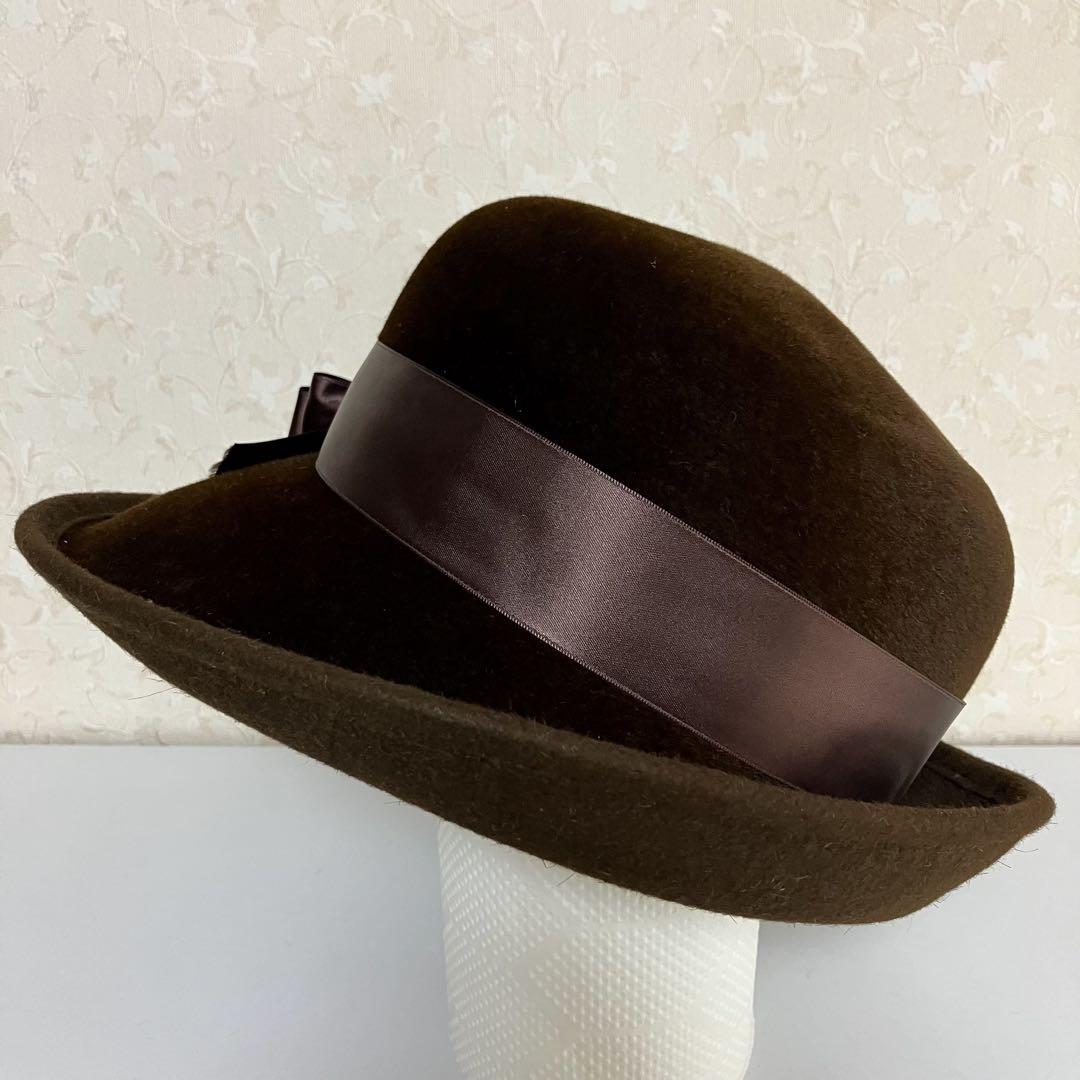 【美品】 Maxim マキシン ウールフェルトハット 茶 リボン
