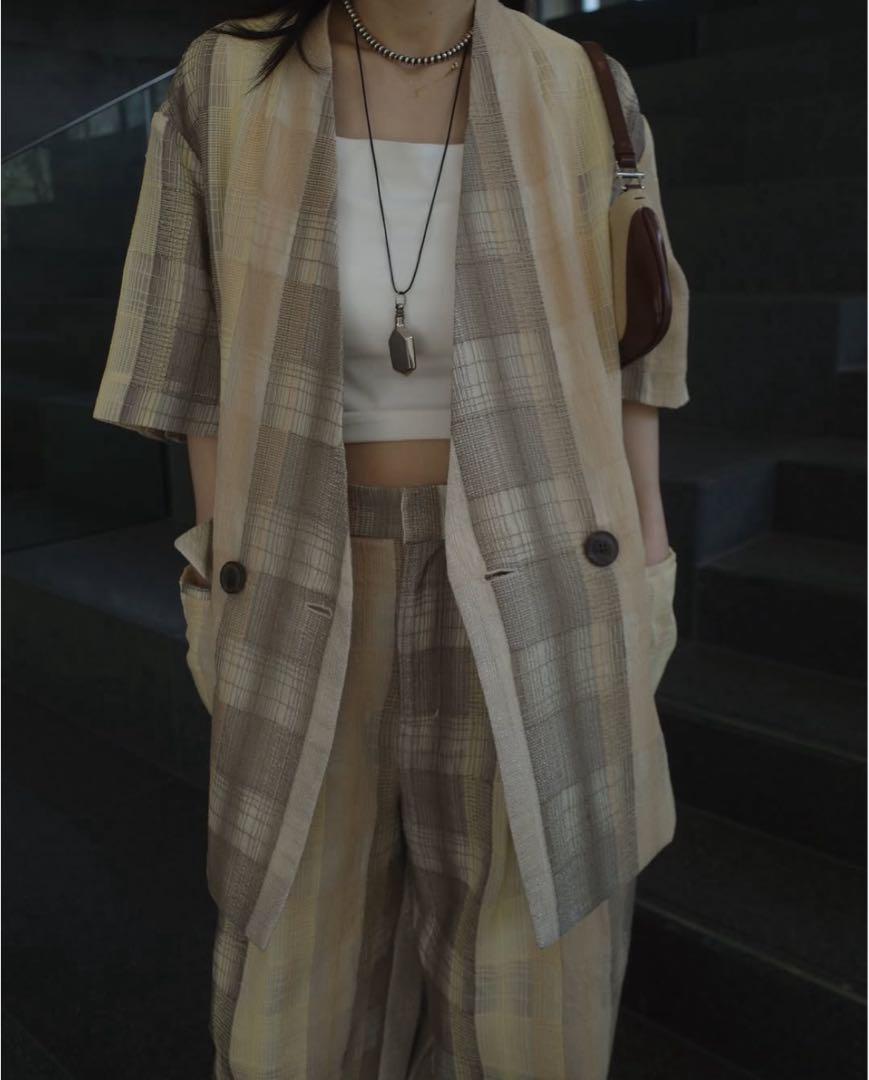 ジャケット・アウター AMERI CHECK EMBROIDERY NO COLLAR JACKET