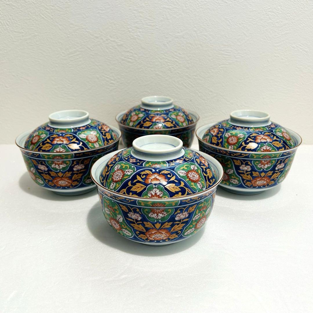 ⭐️ 美濃焼 庫山窯 金彩染錦 菊牡丹文 蓋付き多用丼 4客