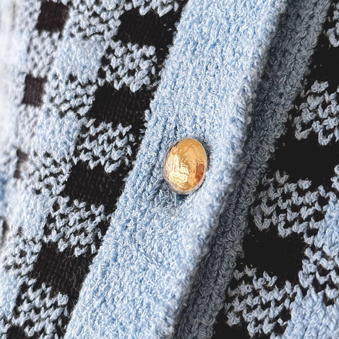 【553】アナイ　ギンガムブークレ カーディガン　38 黒　青 553】アナイ ギンガムブークレ カーディガン 38 黒 青 - メルカリ