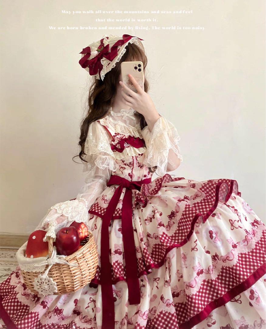 赤チェリー　ロリータスカート jsk 春夏ロングワンピース 可愛い 日常田園風